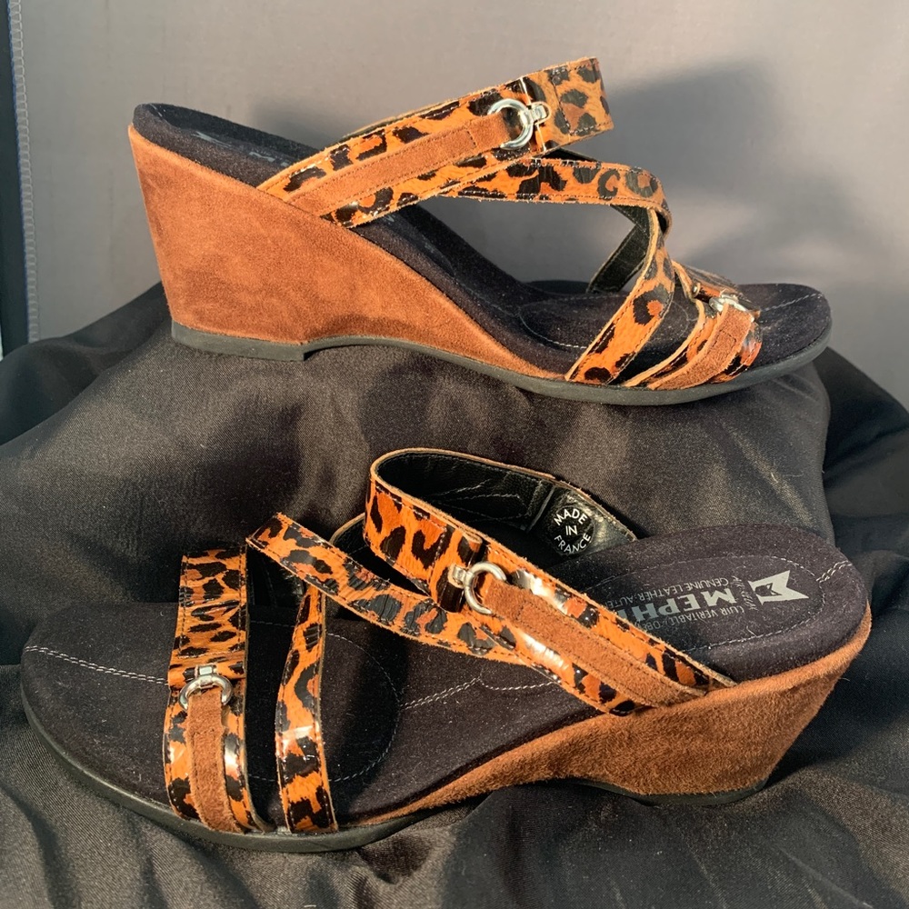 Mephisto Leopard Wedge Sandals. Leather/Suede LIKE NEW